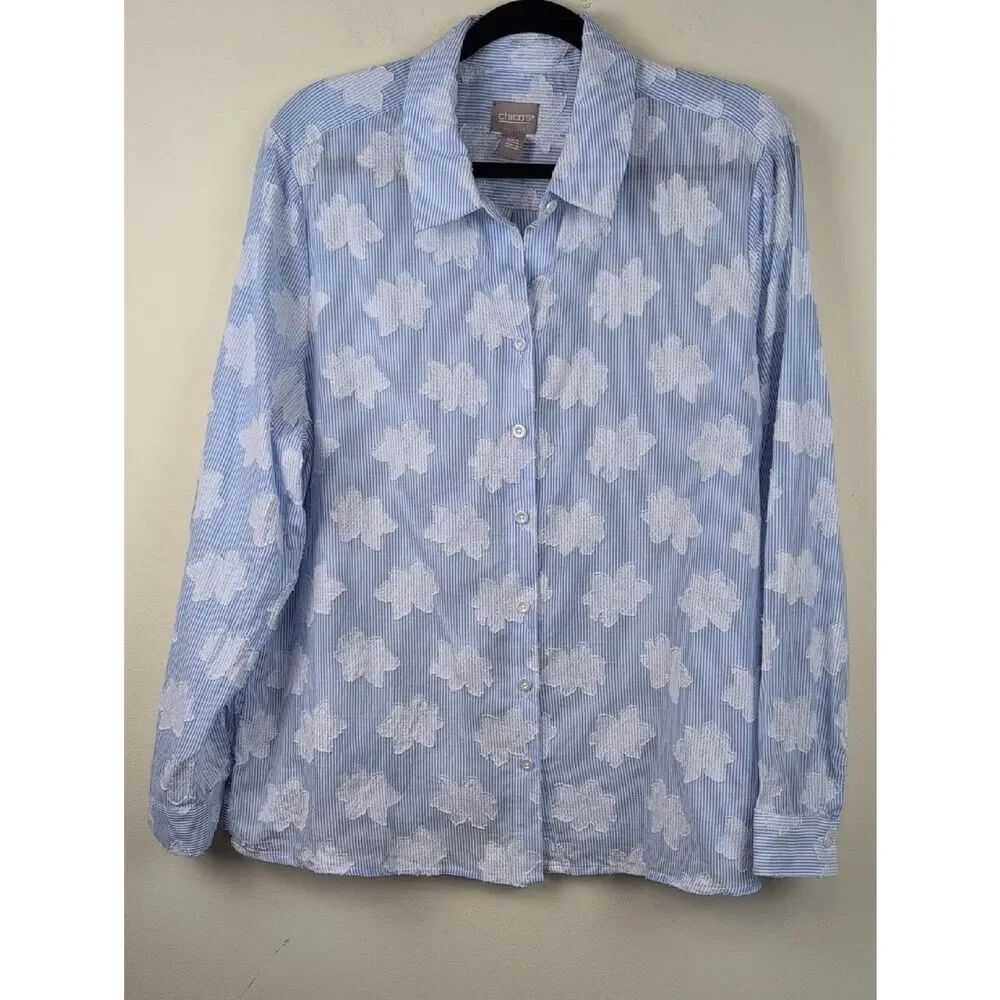 Chico's Blue & White Stripe Embroidered Floral Button-Up Cotton Shirt Size 2/L